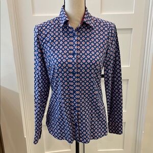Women's Blue and Red Patterned Button-Up Shirt